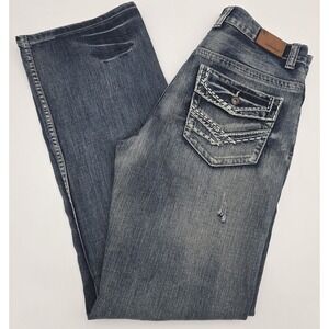 Flypaper Boot Cut Jeans Mens 32x34 Distressed‎ Denim Stitch Length measures 33